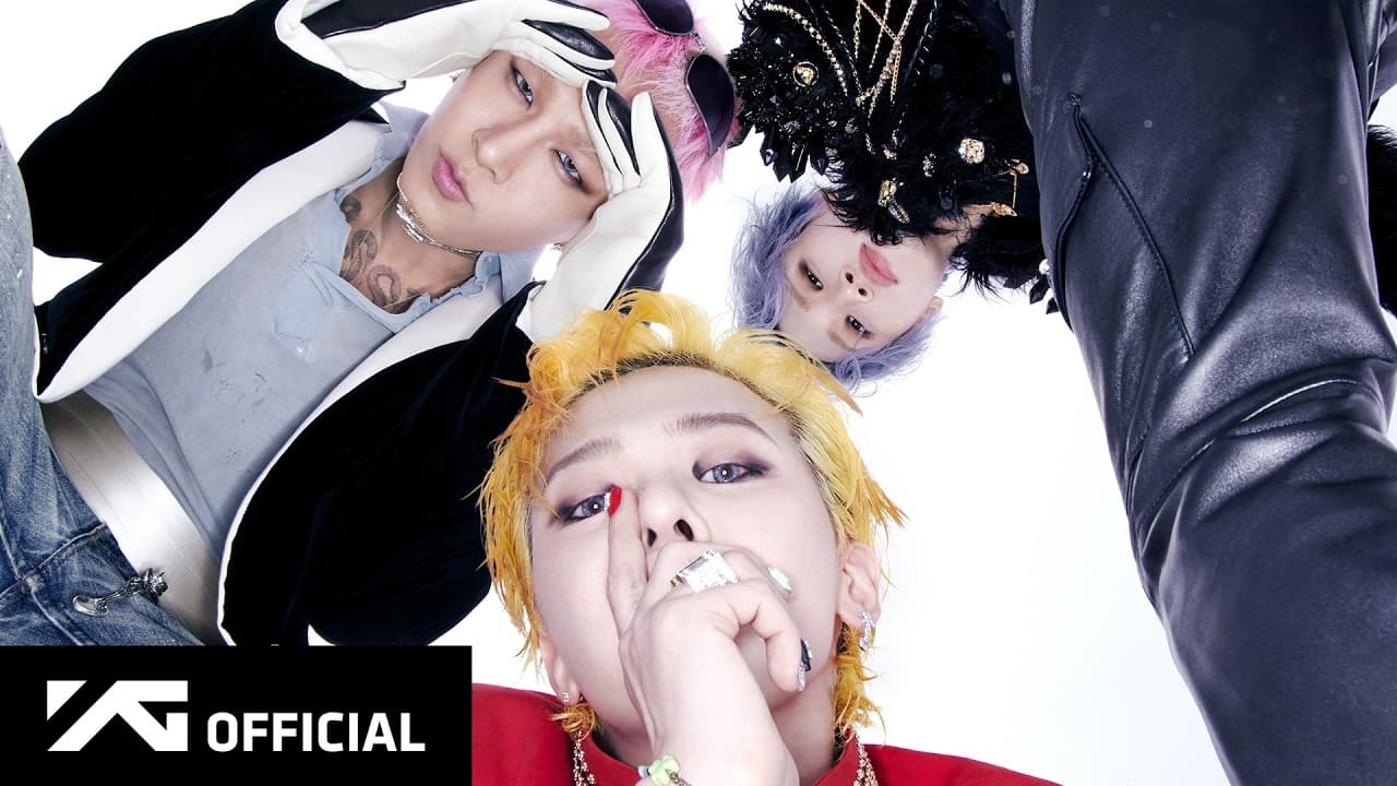 BIGBANG's official 'BiiiG' music video thumbnail: three members looking down at the camera against a white background